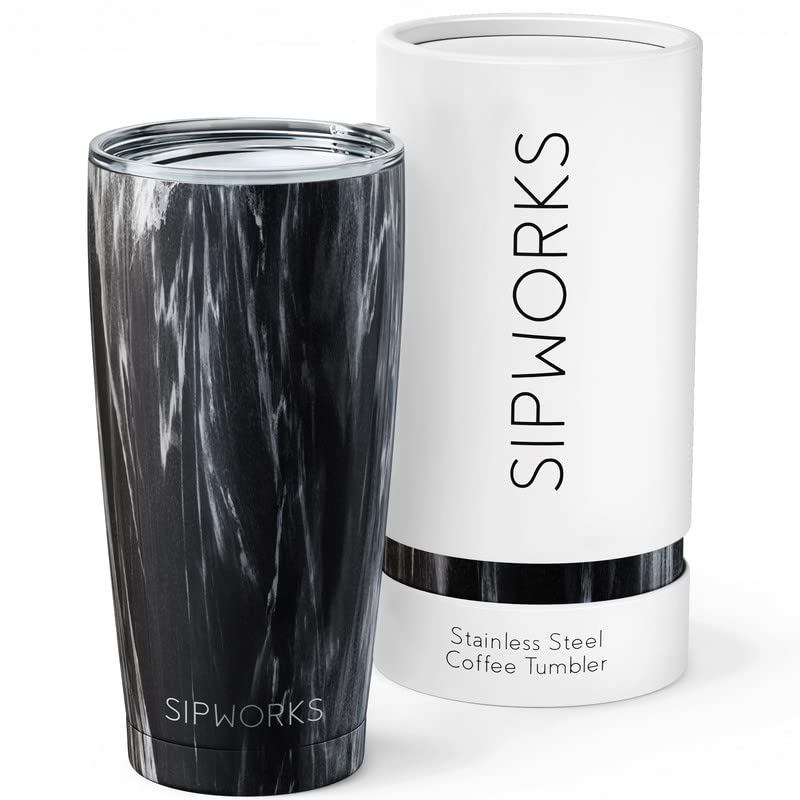 Sipworks Stainless Steel Coffee Tumbler - 20oz Coffee Tumblers with Lids & Double Walled Vacuum Insulation for Hot & Cold Drinks - Spillproof Travel Insulated Coffee Tumbler  Gray Marble - Image 2