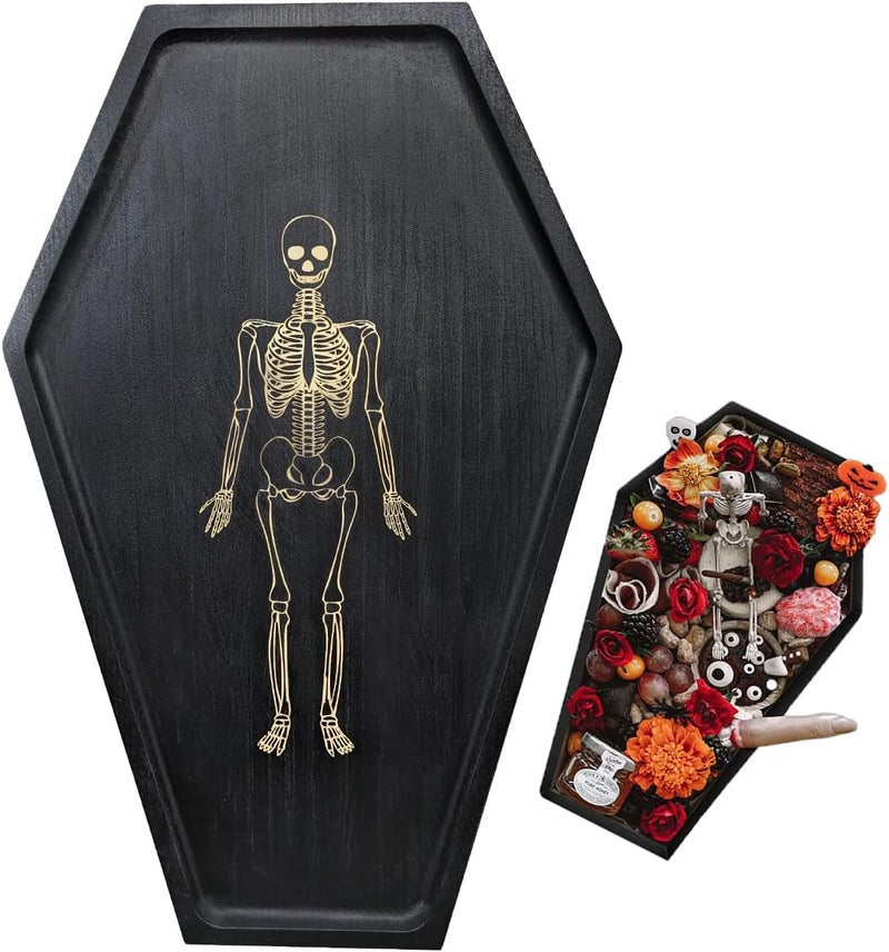 TOSOENPHY Goth Decor Coffin Tray - Solid Wood Gothic Christmas Charcuterie Boards Serving Tray with Gold Skeleton Engraving, Witchy Altar & Crystal Jewelry Holder,15.7" Length - Image 1