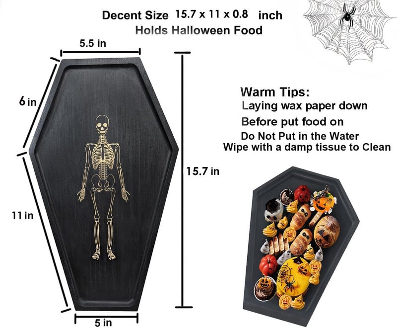 TOSOENPHY Goth Decor Coffin Tray - Solid Wood Gothic Christmas Charcuterie Boards Serving Tray with Gold Skeleton Engraving, Witchy Altar & Crystal Jewelry Holder,15.7" Length - Image 3