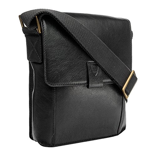 Hidesign Aiden Genuine Leather and Mini Crossbody Men/Women Messenger Bag / Travel Bag / 10.5" iPad Bag, Black - Image 3
