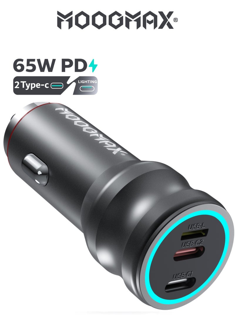 موجماكس شاحن سيارة بقوة 65W, بمنفذين (Type-C) PD تدعم الشحن السريع و منفذ (lightning) ايفون لاستخدام كيبل الايفون لشحن هاتفك الاندرويد باللون الأسود من موجماكس - Image 1
