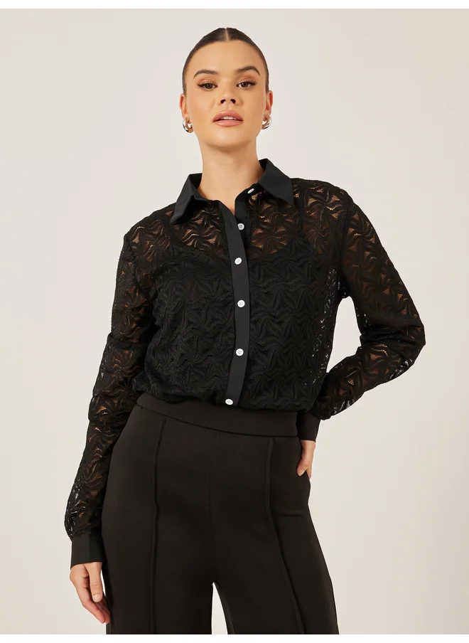 تايك تو Take Two Women Self Design Sheer Long Sleeve Shirt