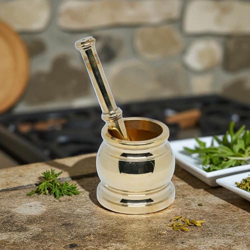 Whizzo Antique Brass Mortar and Pestle 2.56 inches x 2.75 inches x 1.80 inches Okhli Khalbatta Set Brass Herb Grinder for Crushing Pills Herbs Vegetables and Dry Fruits (Size1) - Image 5