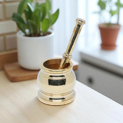 Whizzo Antique Brass Mortar and Pestle 2.56 inches x 2.75 inches x 1.80 inches Okhli Khalbatta Set Brass Herb Grinder for Crushing Pills Herbs Vegetables and Dry Fruits (Size1) - Image 1