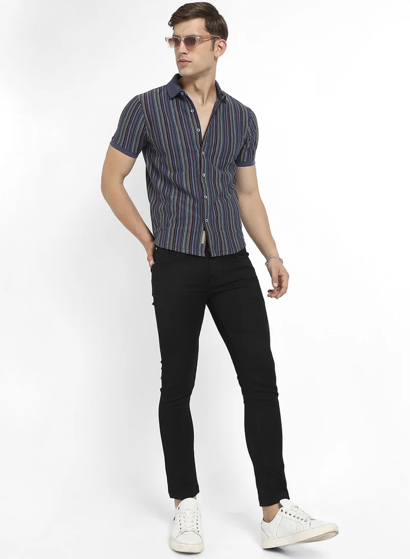 Campus Sutra Campus Sutra Men's Multicolour Contrast Knitted Shirt For Casual Wear | Spread Collar | Short Sleeve | Button Closure | Cotton Shirts Crafted With Comfort Fit For Everyday Wear