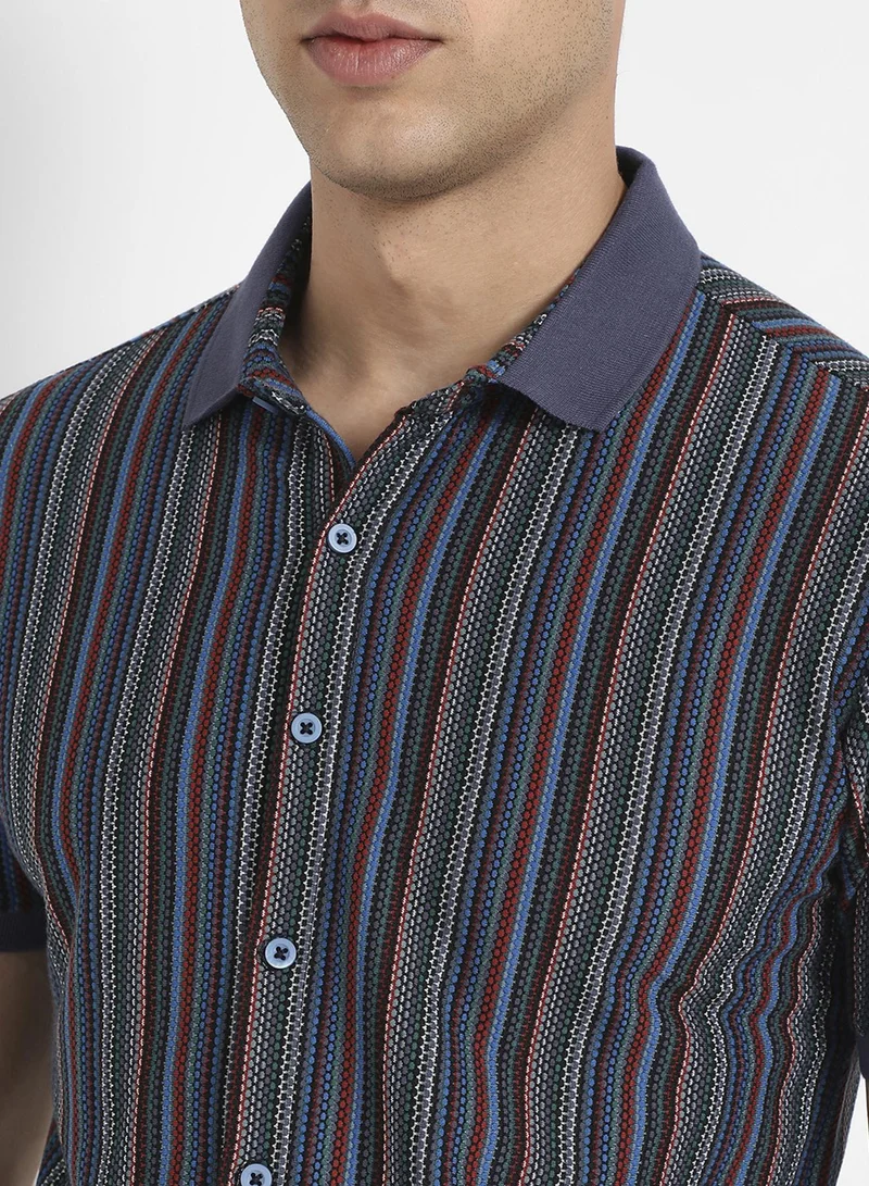 Campus Sutra Campus Sutra Men's Multicolour Contrast Knitted Shirt For Casual Wear | Spread Collar | Short Sleeve | Button Closure | Cotton Shirts Crafted With Comfort Fit For Everyday Wear
