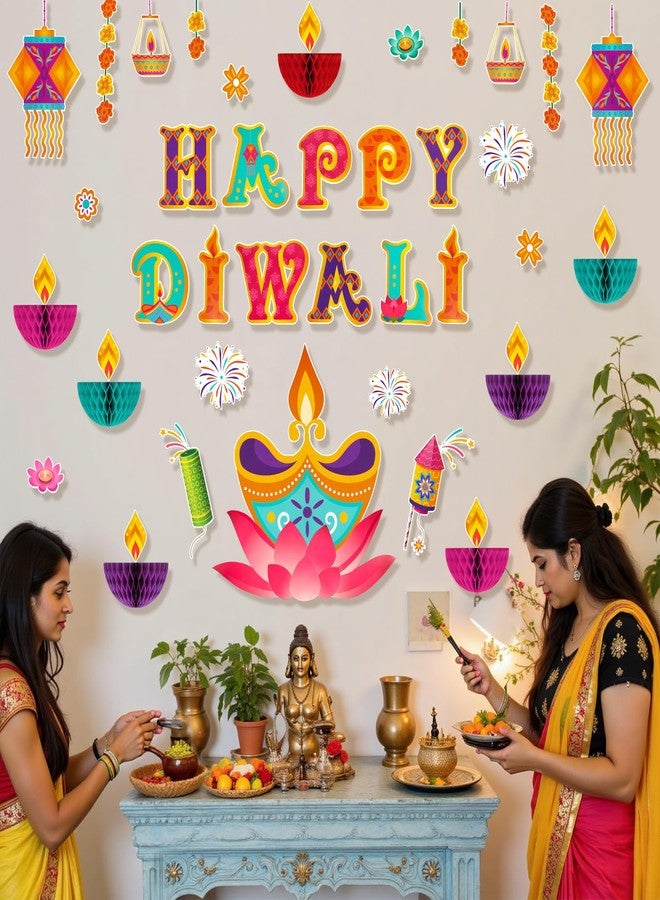 Konsait 49 Pieces Diwali Decorations Set, 3D Diya Lamp Happy Diwali Cutouts for Home & School Wall Bulletin Board, India Festival of Lights Decorations - Image 5