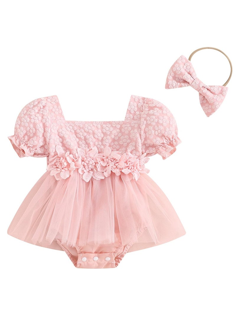 NajmStyle Toddler Baby Girl Summer Romper Dress Short Puff Sleeve 12-18 Months Clothes Jumpsuit + Headband - Image 1