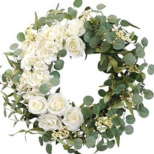 TEMPUS 20" Hydrangeas Spring Wreath for Front Door, Artificial Summer Green Wreaths with White Peony Flowers for Farmhouse Home Wedding Party Wall Windows Outdoor Decor（White） - Image 1