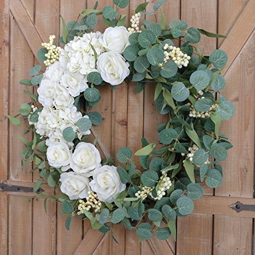 TEMPUS 20" Hydrangeas Spring Wreath for Front Door, Artificial Summer Green Wreaths with White Peony Flowers for Farmhouse Home Wedding Party Wall Windows Outdoor Decor（White） - Image 5
