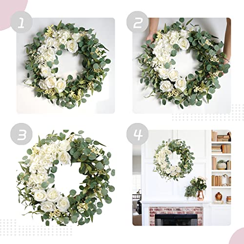 TEMPUS 20" Hydrangeas Spring Wreath for Front Door, Artificial Summer Green Wreaths with White Peony Flowers for Farmhouse Home Wedding Party Wall Windows Outdoor Decor（White） - Image 4