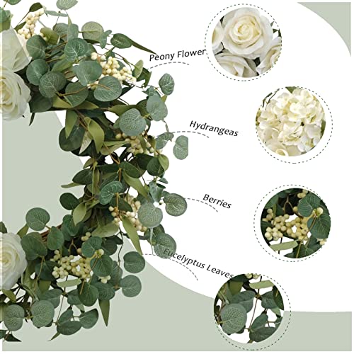 TEMPUS 20" Hydrangeas Spring Wreath for Front Door, Artificial Summer Green Wreaths with White Peony Flowers for Farmhouse Home Wedding Party Wall Windows Outdoor Decor（White） - Image 3