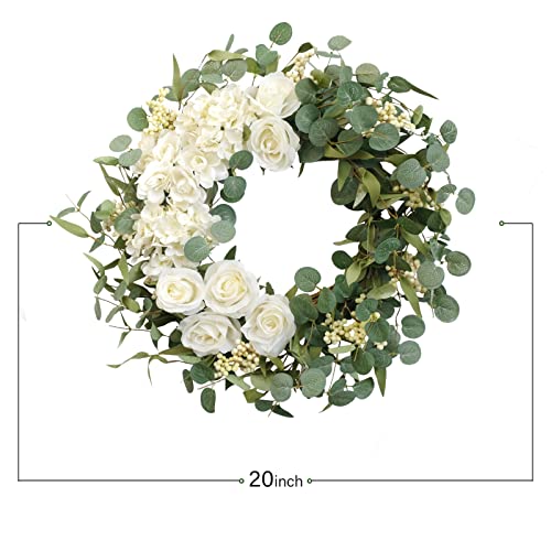 TEMPUS 20" Hydrangeas Spring Wreath for Front Door, Artificial Summer Green Wreaths with White Peony Flowers for Farmhouse Home Wedding Party Wall Windows Outdoor Decor（White） - Image 2