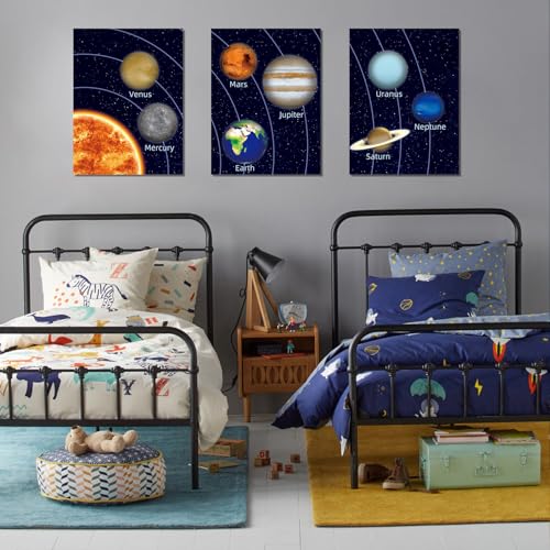 KAIRNE Boys Space Room Decor Framed Outer Space Wall Art Set of 3 (12X16inch) Kids Picture Planets Pictures Solar System Educational Teaching Poster for Boys Room Nursery Children Playroom Decor - Image 4