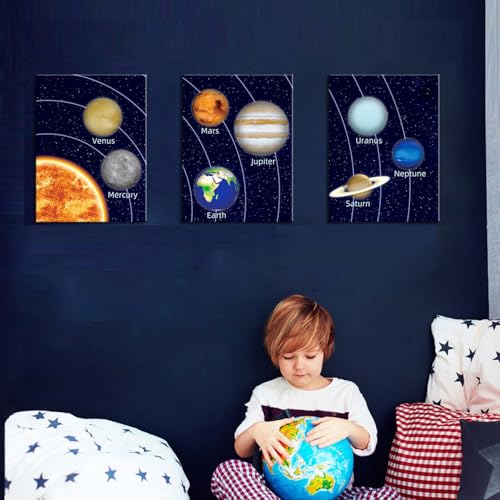 KAIRNE Boys Space Room Decor Framed Outer Space Wall Art Set of 3 (12X16inch) Kids Picture Planets Pictures Solar System Educational Teaching Poster for Boys Room Nursery Children Playroom Decor - Image 2