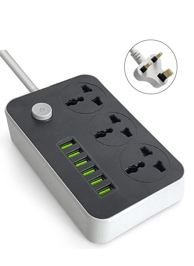 فوغماكس سلك تمديد عالمي 9 في 1 مع 3 منافذ طاقة و6 فتحات USB، شريط طاقة ثلاثي الاتجاهات مع فتحات شحن USB من النوع C للاستخدام المنزلي والمكتب سلك تمديد 2 متر - أسود  - Image 1