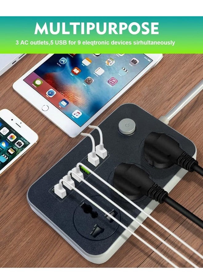 فوغماكس سلك تمديد عالمي 9 في 1 مع 3 منافذ طاقة و6 فتحات USB، شريط طاقة ثلاثي الاتجاهات مع فتحات شحن USB من النوع C للاستخدام المنزلي والمكتب سلك تمديد 2 متر - أسود  - Image 2
