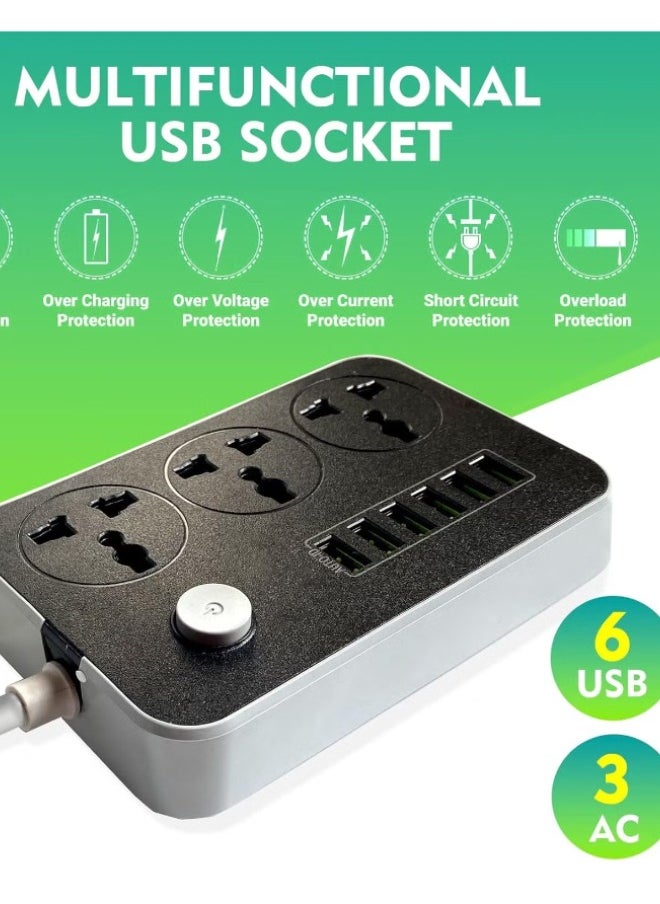فوغماكس سلك تمديد عالمي 9 في 1 مع 3 منافذ طاقة و6 فتحات USB، شريط طاقة ثلاثي الاتجاهات مع فتحات شحن USB من النوع C للاستخدام المنزلي والمكتب سلك تمديد 2 متر - أسود  - Image 4