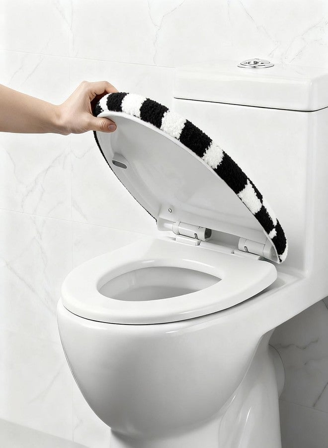 mamrug Retro Black-and-White Checkered Bathroom Toilet Seat Cover Classic black-and-white checkered toilet seat cover Machine-washable bathroom decor Fits most round, oval, and elongated (black and white) - Image 5