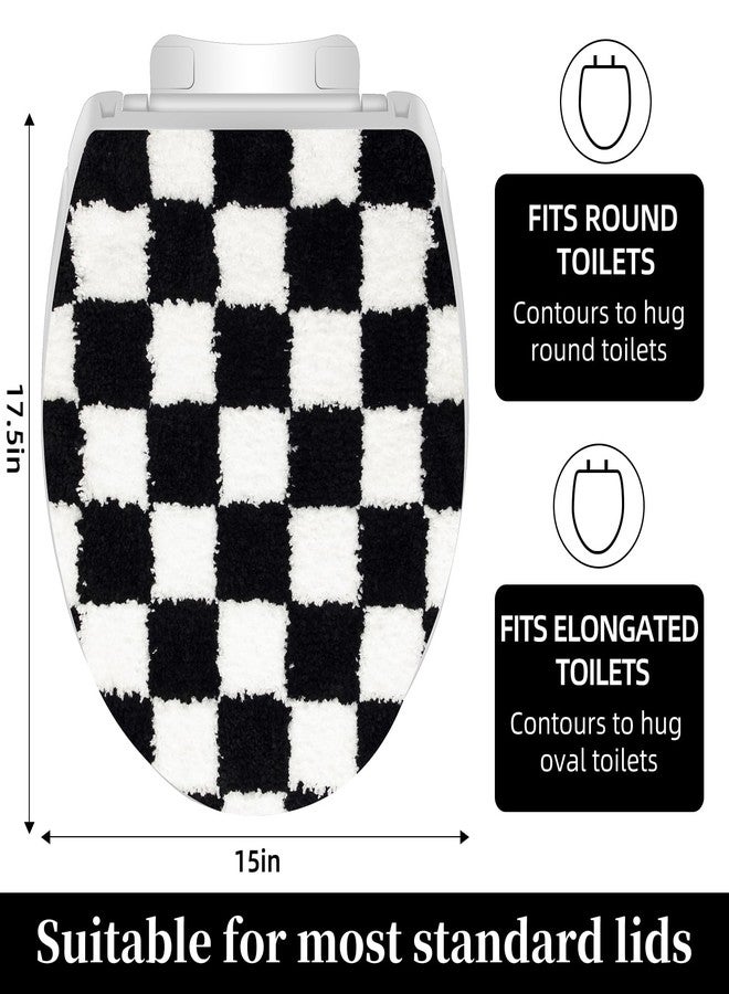 mamrug Retro Black-and-White Checkered Bathroom Toilet Seat Cover Classic black-and-white checkered toilet seat cover Machine-washable bathroom decor Fits most round, oval, and elongated (black and white) - Image 3