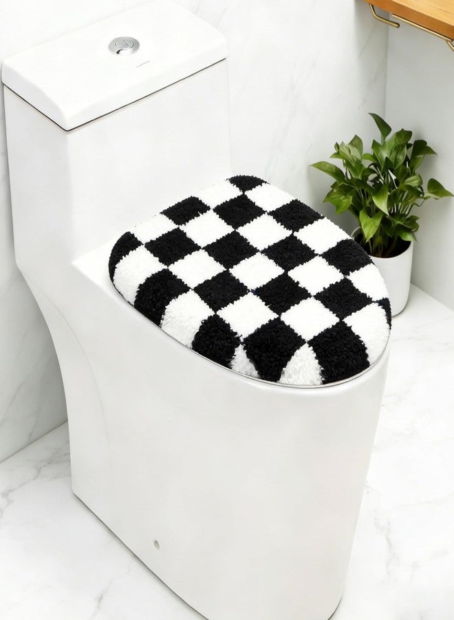 mamrug Retro Black-and-White Checkered Bathroom Toilet Seat Cover Classic black-and-white checkered toilet seat cover Machine-washable bathroom decor Fits most round, oval, and elongated (black and white) - Image 1