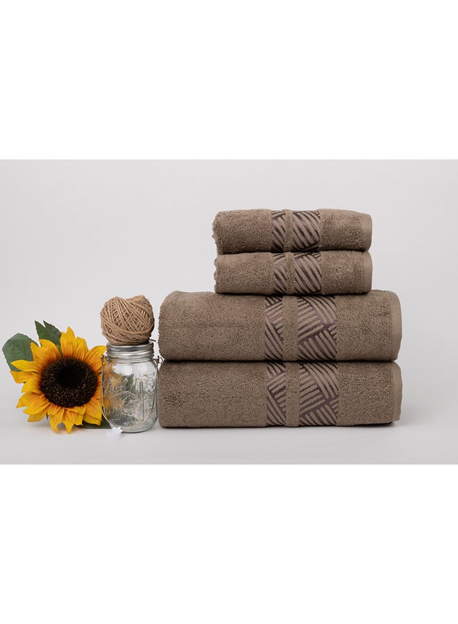 White Rose Towel 4 Piece Bathroom  Set - TRACK - 500 GSM - 100% Cotton Terry - Jacquard Border- 2 Bath  70X140 cm & 2 Hand  50x90 cm- Luxury Touch - Extra Absorbent-Brown  - Image 1