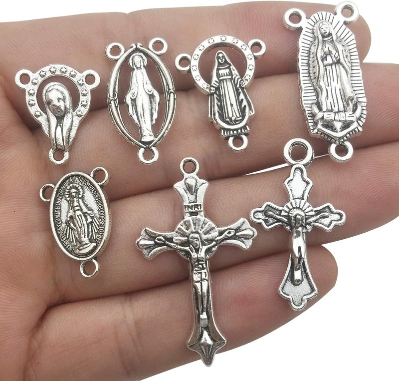 iloveDIYbeads 100 جرام (60 قطعة) صليب فضي عتيق يسوع ماريا سيدة المعجزات قطعة مركزية صليبيّة ميدالية حلى ودلايات لصناعة المشغولات اليدوية، مستلزمات صناعة الحُلي وإكسسوارات لصنع المسبحة والقلادة والسوار بنفسك (M154) - Image 2