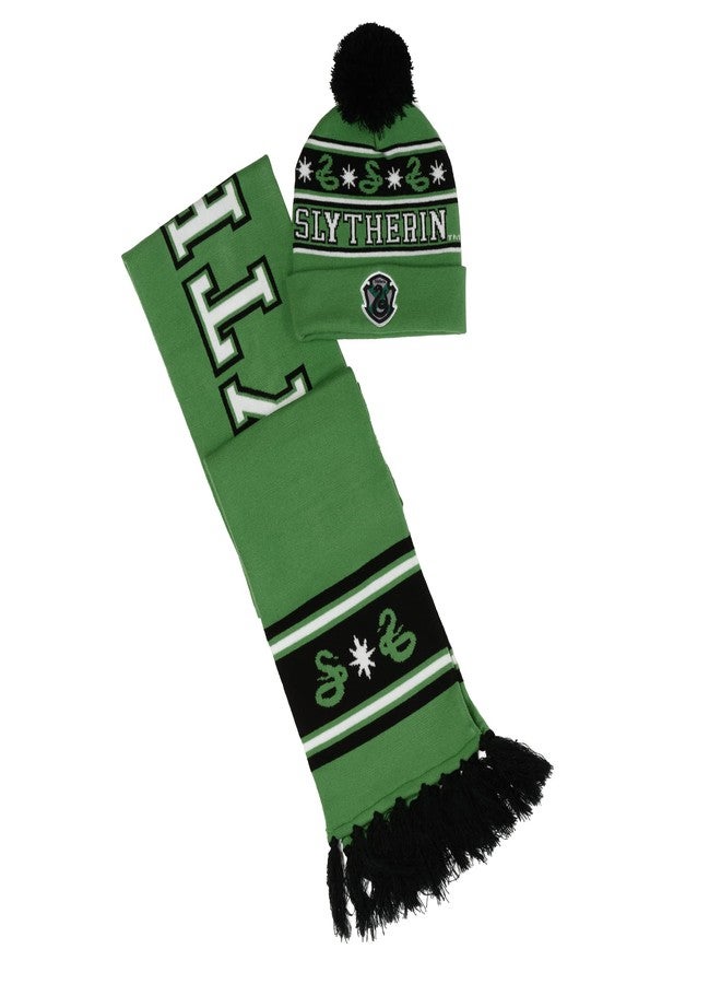 هاري بوتر طقم وشاح وقبعة محبوكة من عالم هاري بوتر السحري، جريفندور، سليذرين، رافينكلو، هافلباف، مقاس واحد (سليذرين) - Image 1