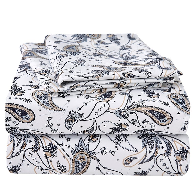 JSD Grey Paisley Printed Sheet Set Queen Size 4 Piece Soft Retro Pattern Microfiber Sheets Extra Deep Pocket