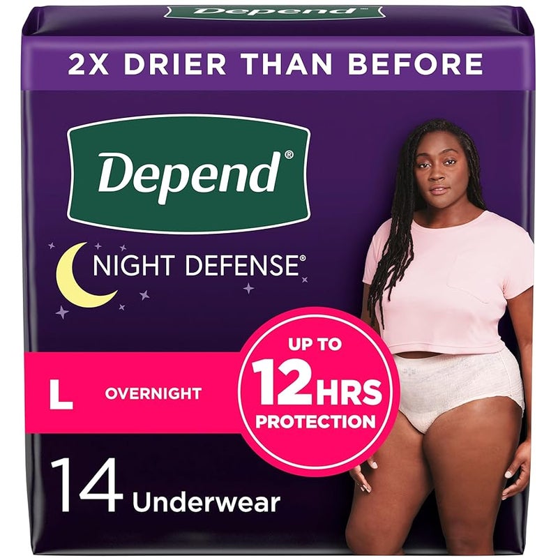 DependNight Defense Adult Incontinence  Postpartum Bladder Leak Underwear for Women Disposable Overnight Large Blush 14 Count Packaging May Vary