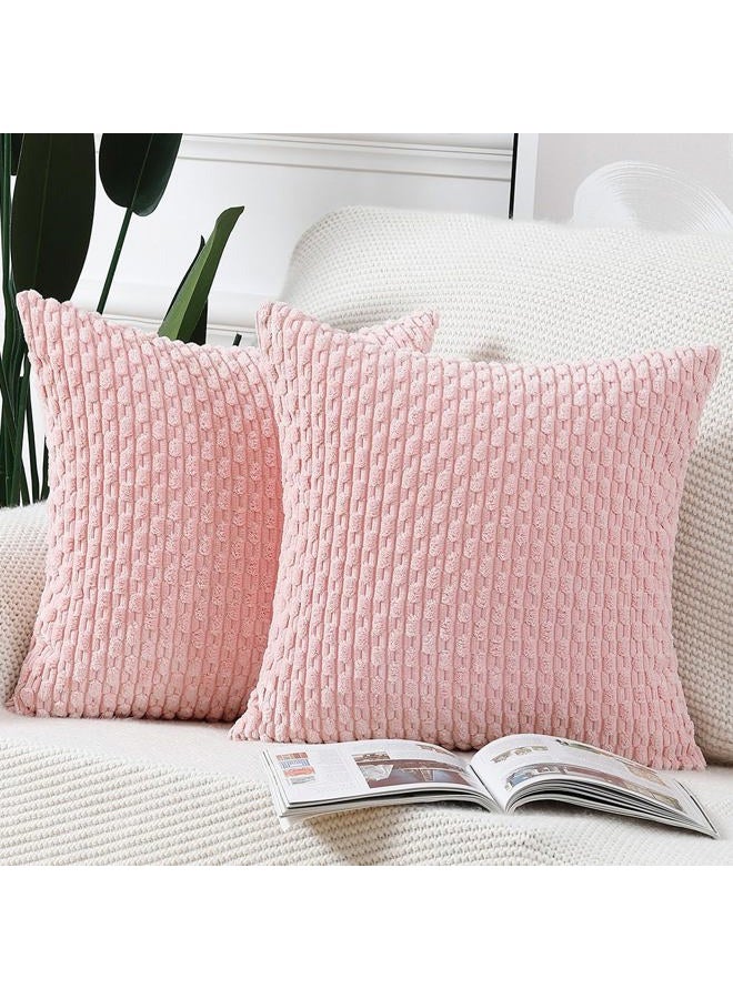 MADIZZ Pack of 2 Boho Striped Corduroy Throw Pillow Covers 18x18 Inch Light Pink Soft Decorative Cushion Cover for Bedroom Sofa Pillow Shell - Image 1