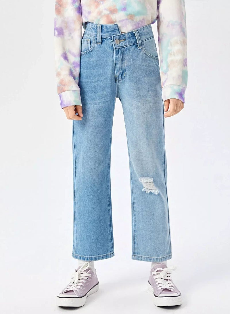 Girls Bleach Wash Ripped Straight Leg Jeans  - Image 2