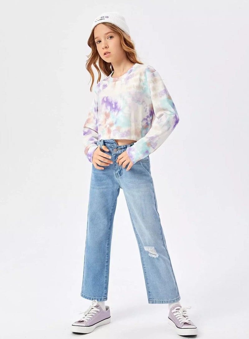 Girls Bleach Wash Ripped Straight Leg Jeans  - Image 1