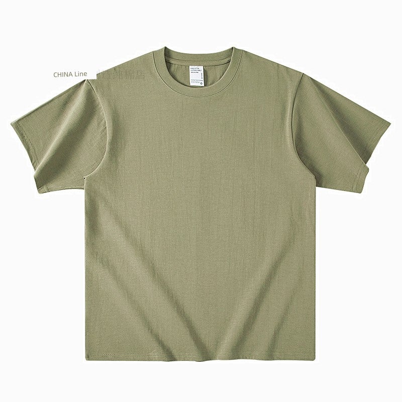 Milk blue 300g heavy cotton short-sleeved T-shirt with loose and thick small collar in summer, versatile for men and women. - Image 1