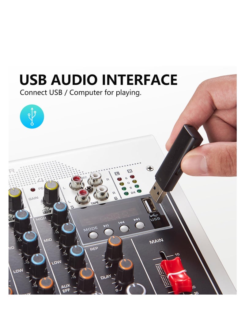 SYOSI جهاز مزج الصوت، وحدة تحكم لوحة صوت DJ Mixer 6 قنوات، تعديل معادلة 3 نطاقات، مع مدخل USB MP3 بلوتوث 48 فولت، مناسب للمسرح المنزلي للأداء المباشر، الكاريوكي، البث المباشر عبر الإنترنت  - Image 5