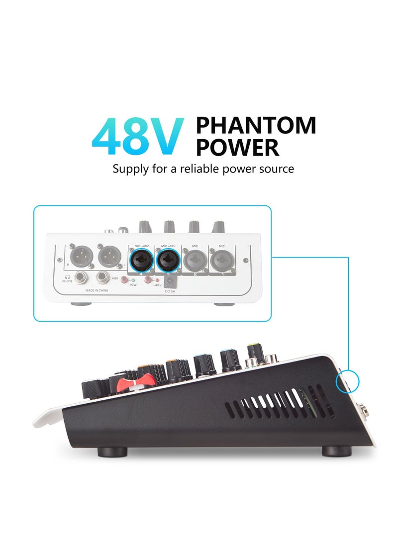 SYOSI جهاز مزج الصوت، وحدة تحكم لوحة صوت DJ Mixer 6 قنوات، تعديل معادلة 3 نطاقات، مع مدخل USB MP3 بلوتوث 48 فولت، مناسب للمسرح المنزلي للأداء المباشر، الكاريوكي، البث المباشر عبر الإنترنت  - Image 2