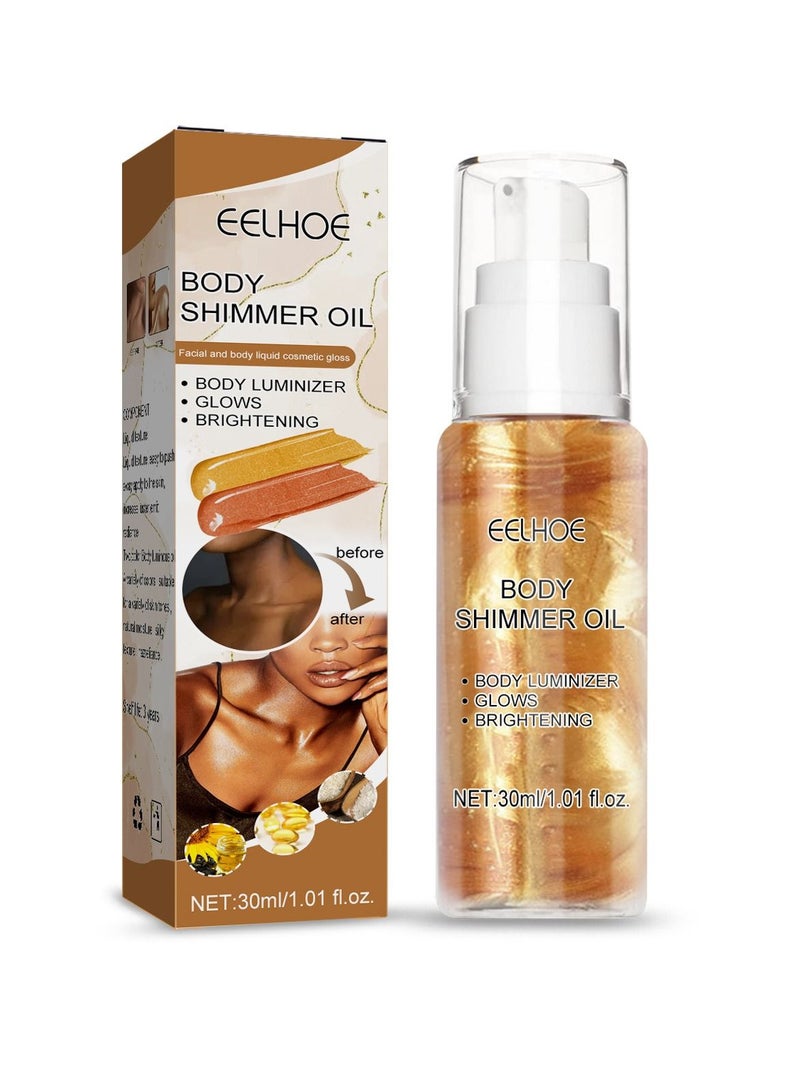 EELHOE Body shimmer oil  Liquid Easy to Push Away Natural Moisture Glitter Face Brightening Glow Pearl Highlighter Illuminator Shine Contouring Makeup for Face and Body 30ml - Image 1