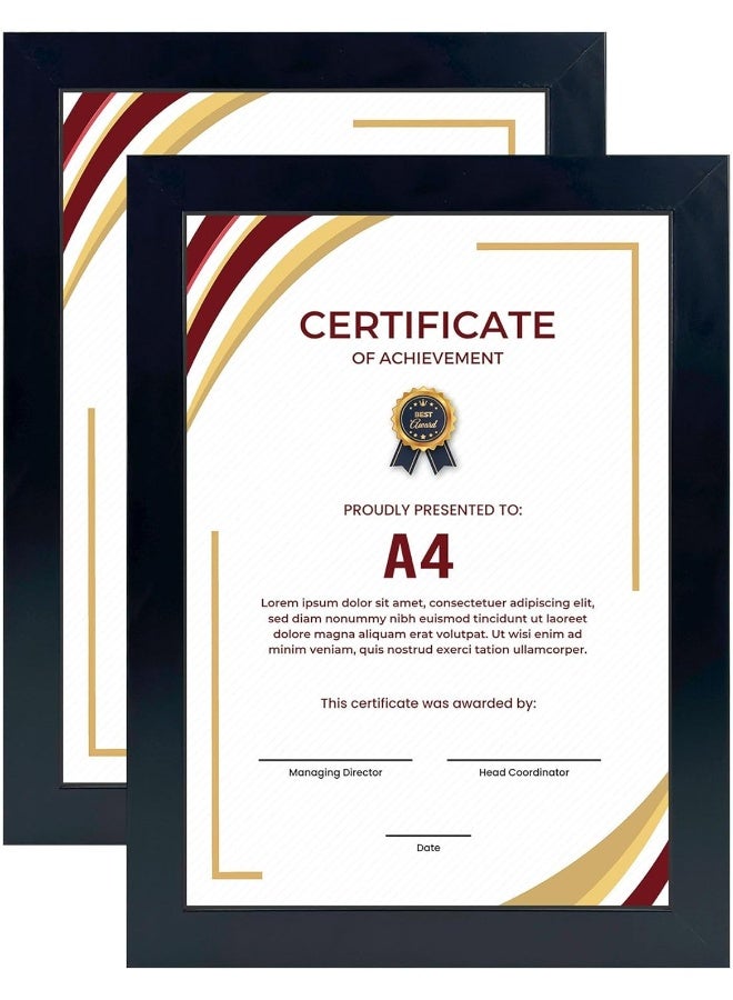 Decorhills Decorhills A4 Certificate Frame & Document Frame – Black PVC with Real Glass, Wall Mount & Tabletop Display, Portrait & Landscape, 21x29.7 cm (A4 Size) Pack of 2  - Image 1
