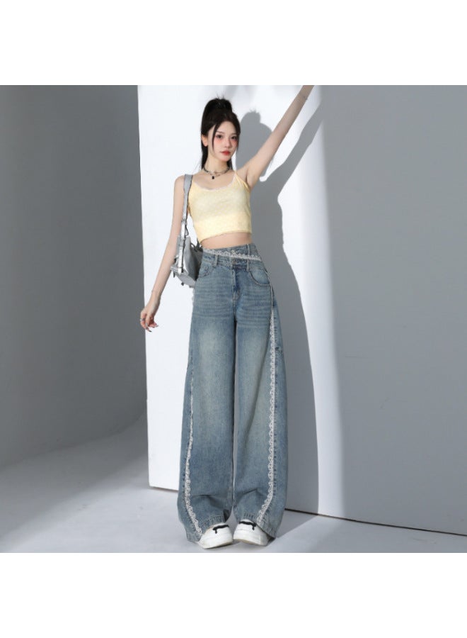 Lace Light Color Wide Leg Jeans Women's Spring And Summer Irregular High Waist Loose Wide Leg Jeans 