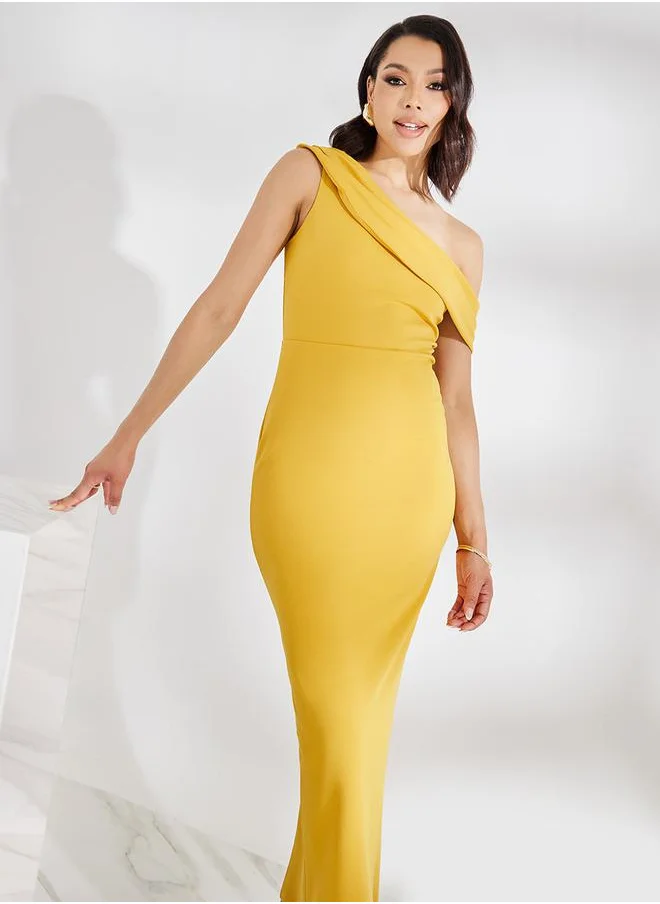 Styli Asymmetric Neck Bodycon Maxi Dress with Back Slit