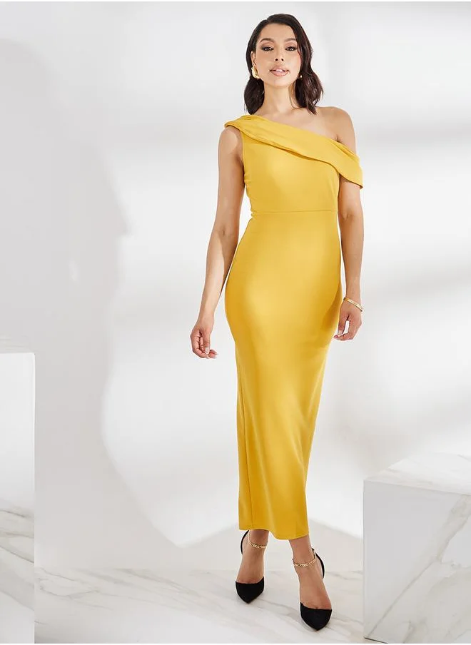 Styli Asymmetric Neck Bodycon Maxi Dress with Back Slit
