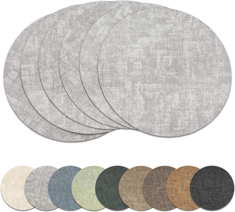 NCUE 13" Round Placemats Set of 6, Reversible Faux Leather Heat Resistant Table Mats, Waterproof Oilproof Wipeable Table Protective Placemats for Vinyl, Washable for Indoor & Outdoor Use (6, Light Grey) - Image 1