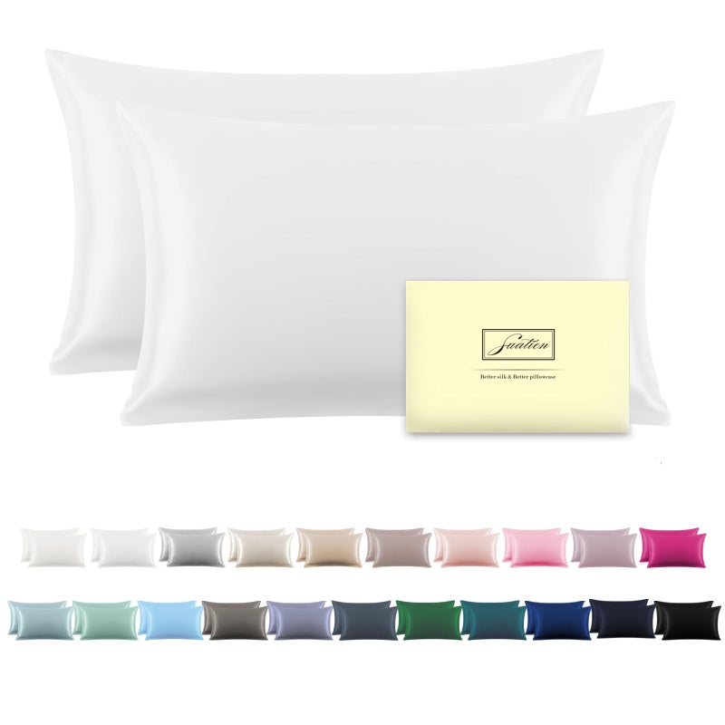 Suatien Silk Pillow Cases 2 Pack,Soft Breathable and Sliky Standard Size Pillow Cases Set of 2,Natural Mulberry Silk Pillowcase Set of 2 for Hair and Skin with Hidden Zipper (White,20"X 26",2pcs) - Image 1