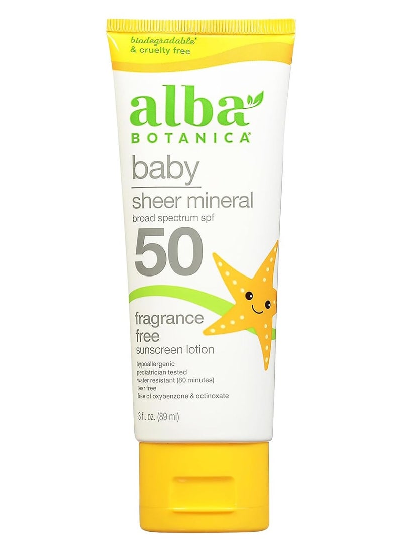 Alba Botanica Alba Botanica Baby Sunscreen for Face and Body, Sheer Mineral Sunscreen Lotion, Broad Spectrum SPF 50, Water Resistant and Fragrance-Free, 3 Fl Oz (Packaging May Vary)  - Image 1
