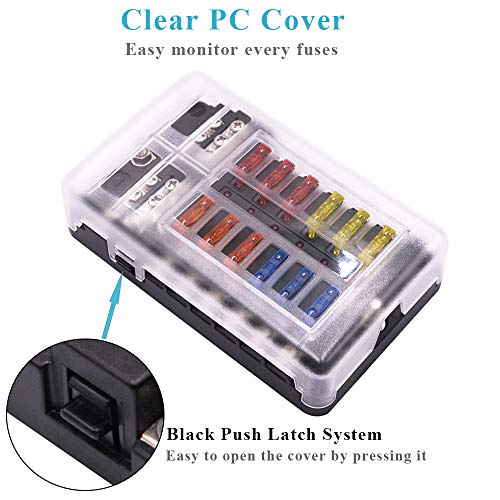 WUPP Boat Marine Fuse Block Panel with LED Warning Indicator Damp-Proof Cover - 12 Circuits with Negative Bus Fuse Box Holder Screw for Car Marine RV Truck DC 12-24V, Fuses Included - Image 4