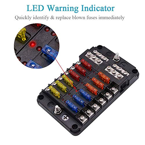WUPP Boat Marine Fuse Block Panel with LED Warning Indicator Damp-Proof Cover - 12 Circuits with Negative Bus Fuse Box Holder Screw for Car Marine RV Truck DC 12-24V, Fuses Included - Image 3
