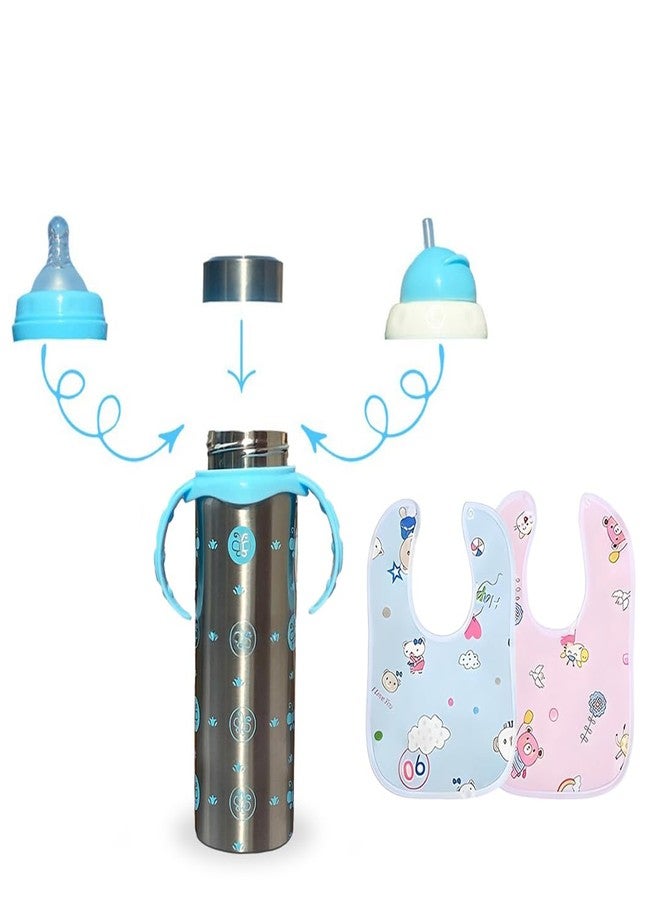 JOYFILLS 3 in 1 Baby Feeding Bottle With 2 Bibs| Stainless Steel Milk Bottle for baby| Water Bottle for School | Sipper Water Bottle for Kids | Stainless Steel 304| Multi-Functional Thermal Insulation | Nipple, Sipper & Straw| Spill Proof, BPA Free, Anti-Colic Nipple for Infants/Toddlers/Kids- 240 Ml. (steel blue) - Image 1