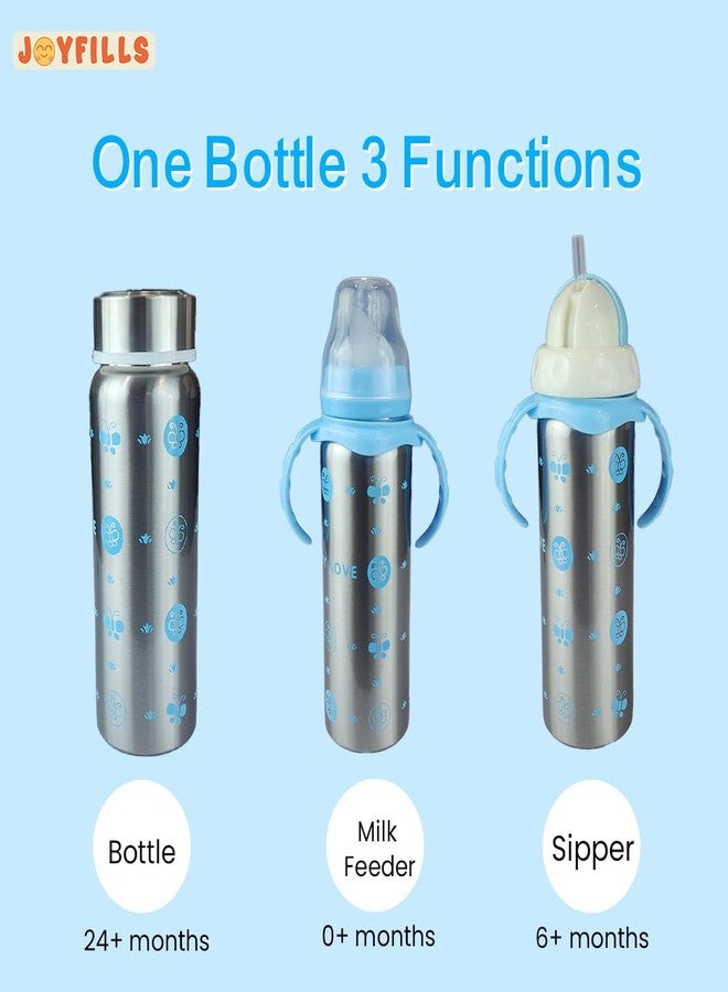 JOYFILLS 3 in 1 Baby Feeding Bottle With 2 Bibs| Stainless Steel Milk Bottle for baby| Water Bottle for School | Sipper Water Bottle for Kids | Stainless Steel 304| Multi-Functional Thermal Insulation | Nipple, Sipper & Straw| Spill Proof, BPA Free, Anti-Colic Nipple for Infants/Toddlers/Kids- 240 Ml. (steel blue) - Image 2
