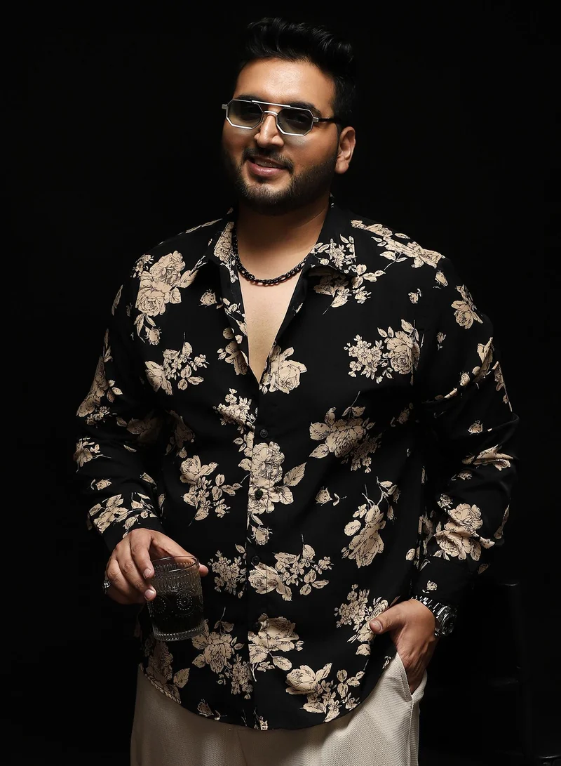 Instafab Plus Instafab Plus Men's Onyx Black Contrast-Roses Imprint Shirt | Spread Collar , Long Cuffed Sleeves , Button Closure , Curved Hemline | Floral-Print Plain Polyester Material For Street & Casual Wear