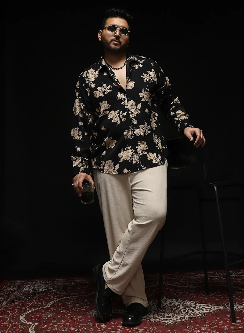 Instafab Plus Instafab Plus Men's Onyx Black Contrast-Roses Imprint Shirt | Spread Collar , Long Cuffed Sleeves , Button Closure , Curved Hemline | Floral-Print Plain Polyester Material For Street & Casual Wear